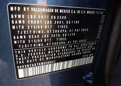 2019 Volkswagen Tiguan 2.0T Se/2.0T Sel/2.0T Sel R-Line/2.0T Sel R-Line Black z USA, uszkodzony, nr VIN 3VV2B7AX7KM038821